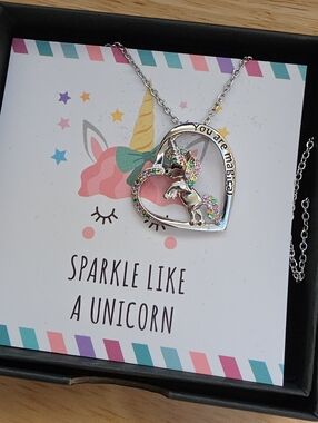 Silver Heart Unicorn Pendant Necklace - Multicolor Crystals #10